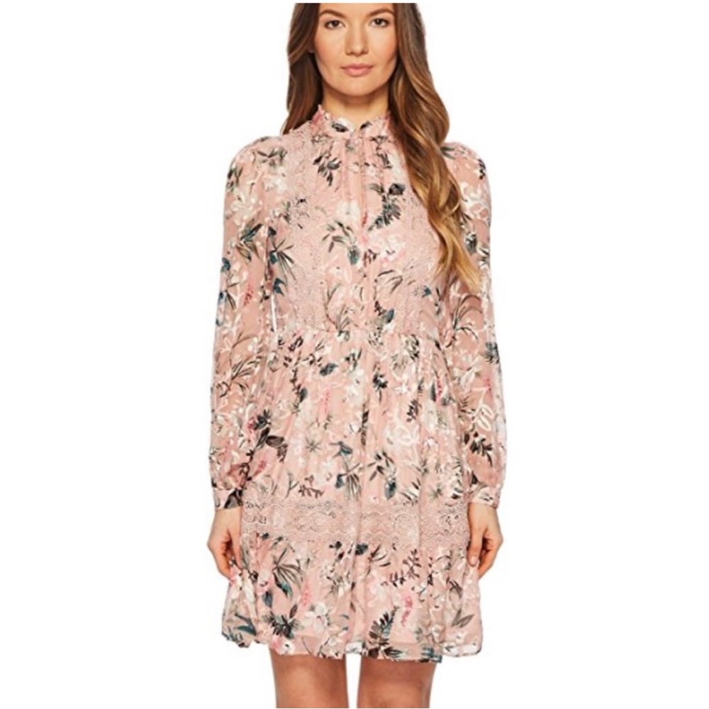 NWT KATE SPADE Botanical Chiffon Mini Dress Pink Floral Silk Long Sleeve